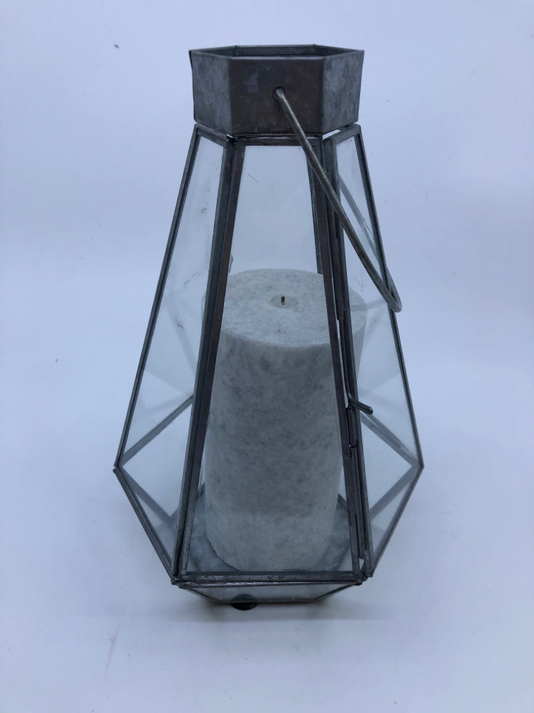 ABSTRACT GLASS METAL LANTERN W CANDLE.