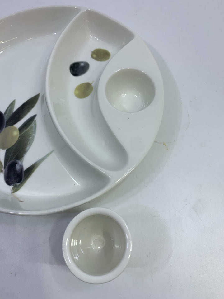 OLIVE DISH W/PIT CUP & PAINTED OLIVES.