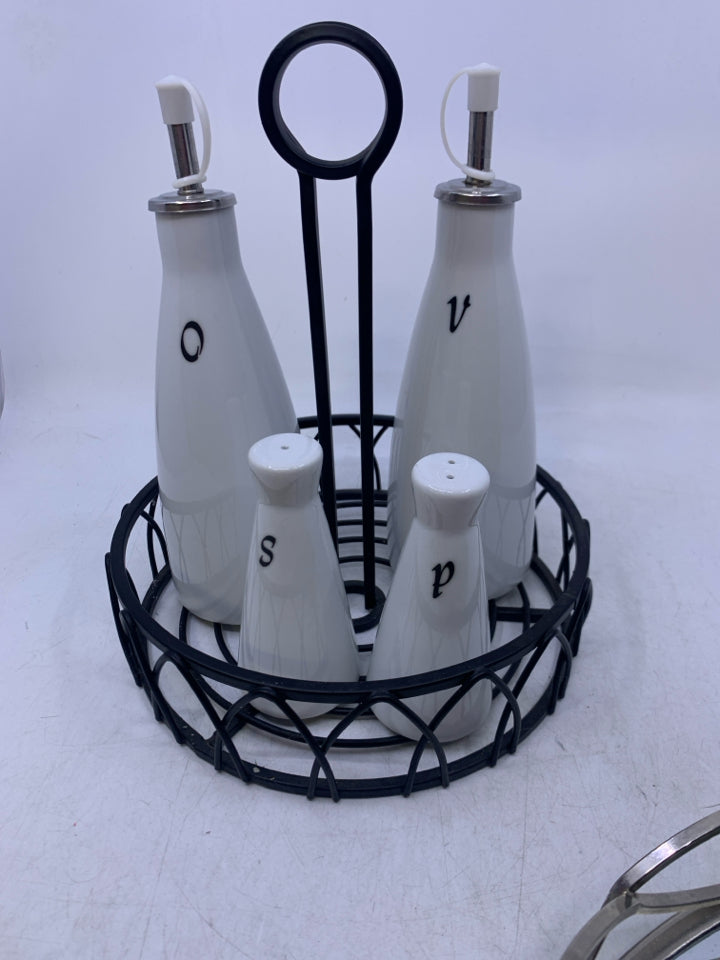 5 PC WHITE CERAMIC OIL/VING & SALT/PEPPER IN BLACK METAL STAND.