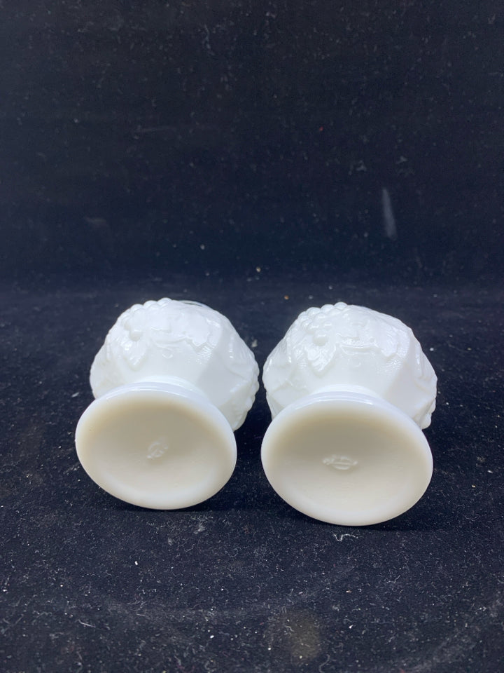 2 VTG MILK GLASS EMBOSSED SALT AND PEPPER SHAKERS.