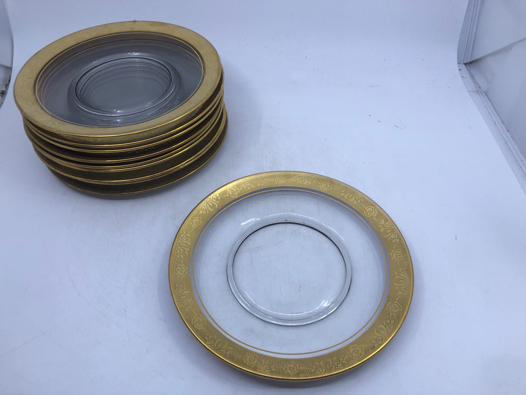10 VTG DESSERT PLATES W GOLD ETCHED ROSE PATTERN RIM.