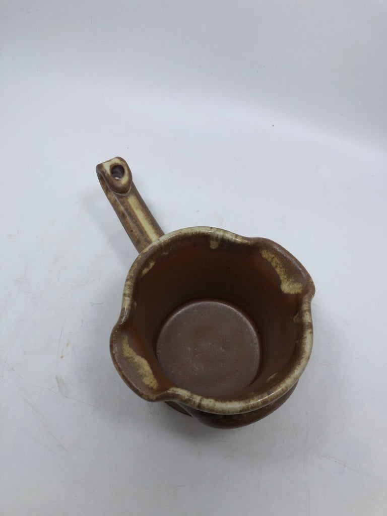 BROWN GLAZED POTTERY BUTTER WARMER.