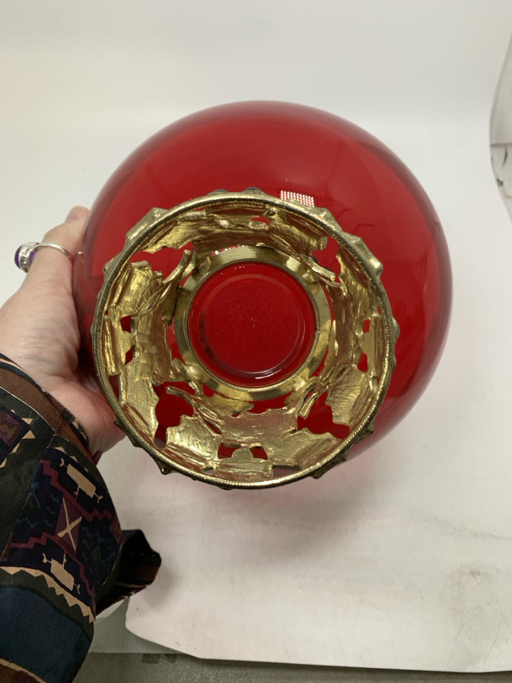 TELEFLORA RED GLASS PEDESTAL BOWL W/ ENAMELED HOLLY BERRY.