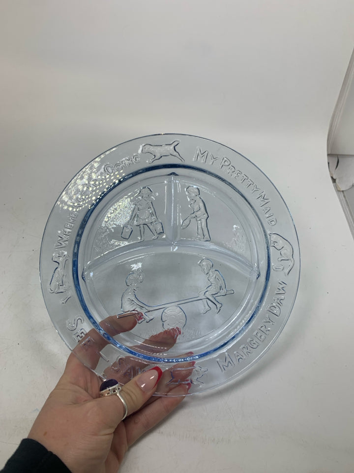 VTG DIVIDED GLASS NURSERY RHYME SEE SAW MARGERY DAW PLATE.