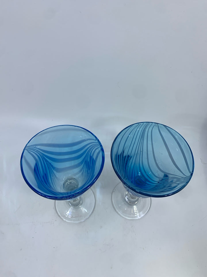 2 HEAVY BLUE GLASS W/WHITE LINES WINE GLASSES.