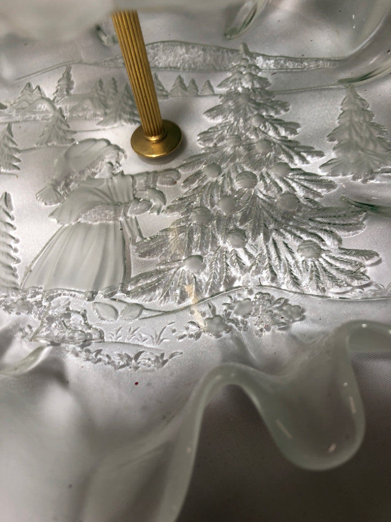 2 TIER GLASS SERVER W/ EMBOSSED GIRL LOOKING AT TREE.