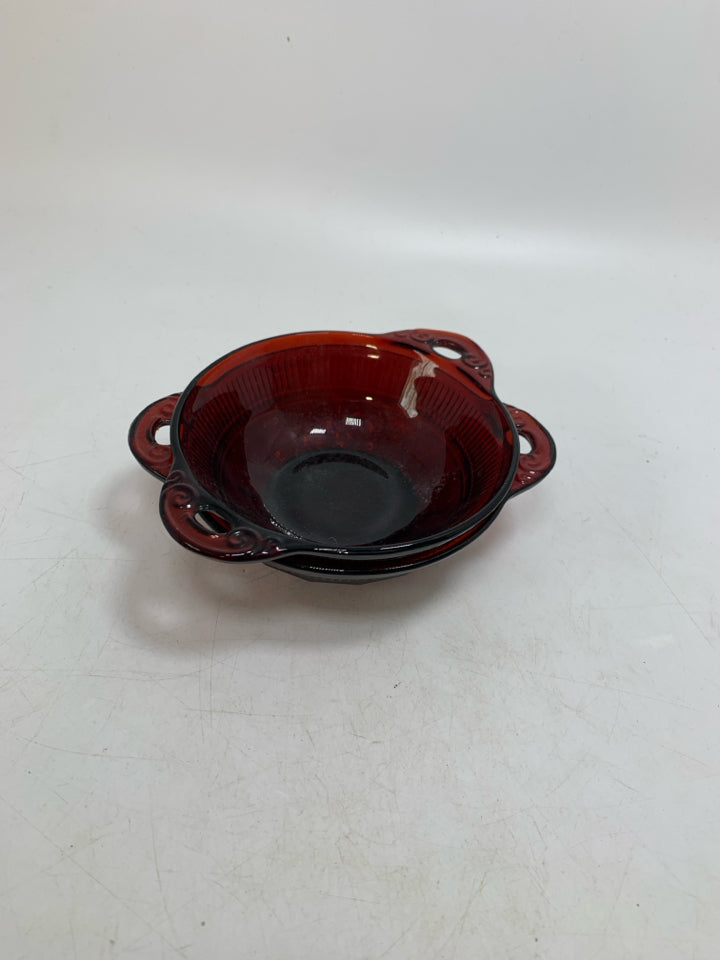 2 VTG DARK RED BERRY BOWLS W/ HANDLES.