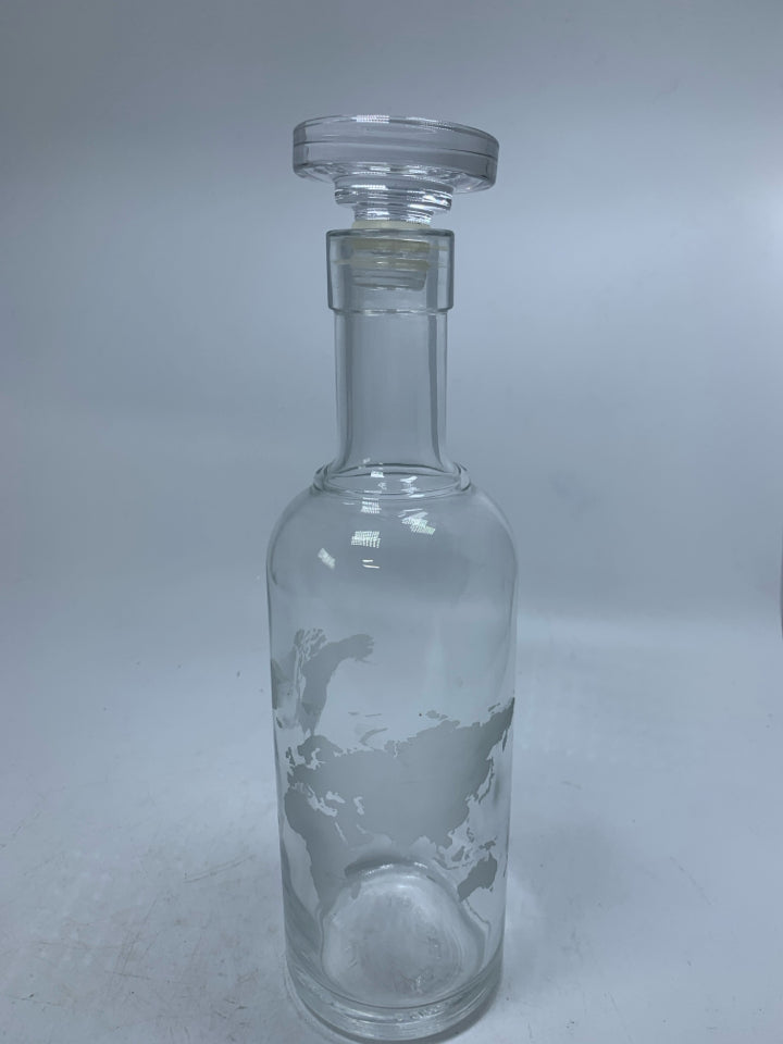 GLASS DECANTER W/ FROSTED WORLD MAP.