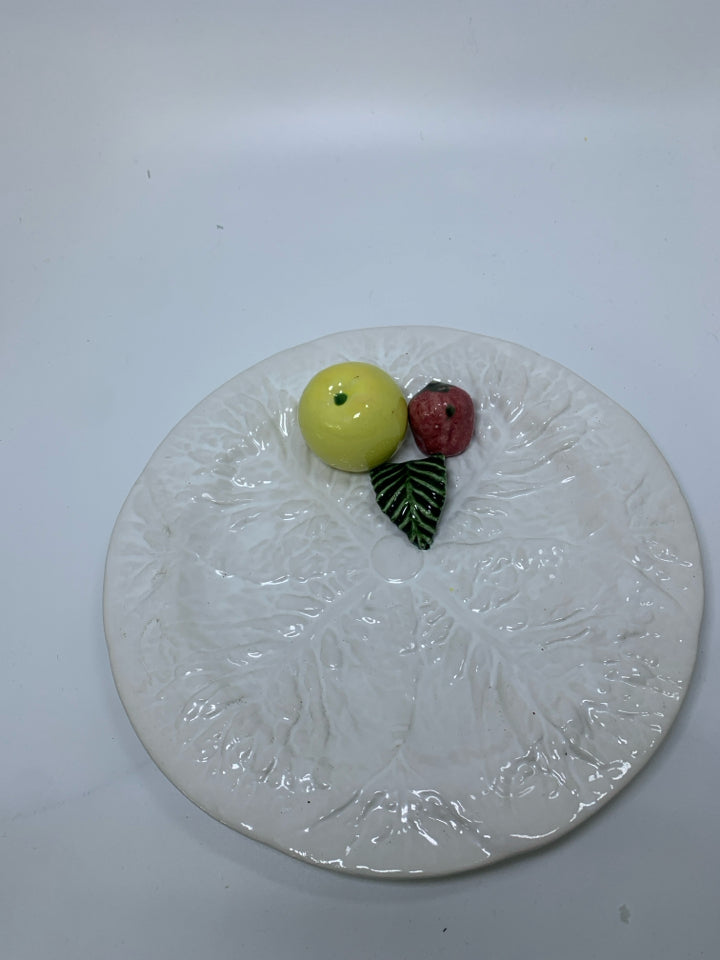 CABBAGE LEAF DESIGN PLATE W/ 3D STRAWBERRY/YELLOW APPLE PLATE MADE IN PORTUGAL.