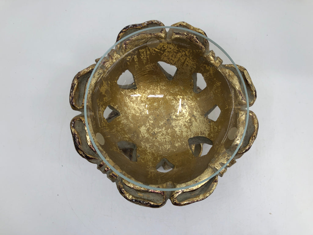 HEAVY DISTRESSED GOLD BASE W/ GLASS INSERT.