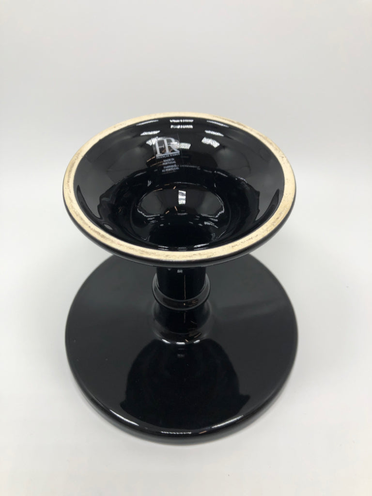 BLACK CERAMIC DESSERT STAND W/CUT GLASS LID.