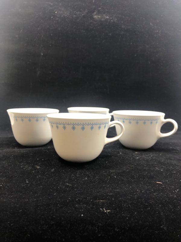 4 BLUE PATTERN CORELLE MUGS.