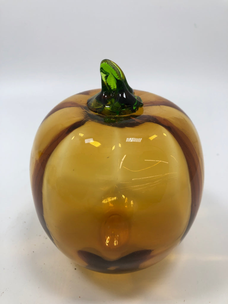 GLASS BLOWN PUMPKIN W/GREEN STEM.