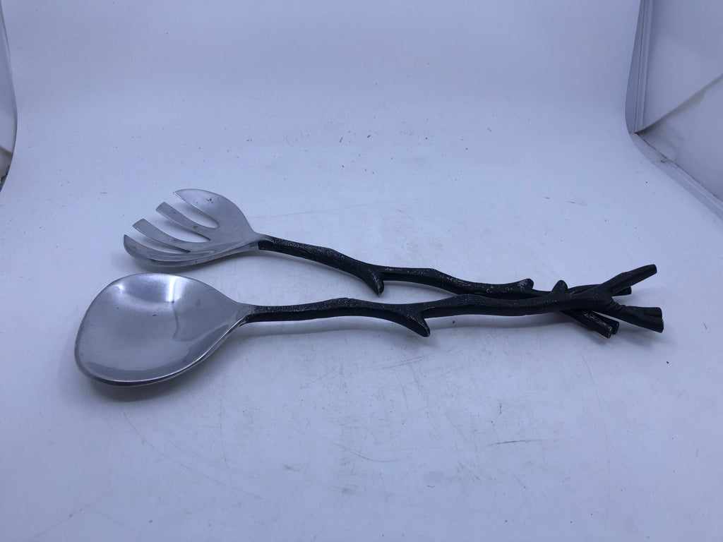 2 METAL SALAD UTENSIL BLACK TREE BRANCH STYLE HANDLE WITH SILVER HEAD.