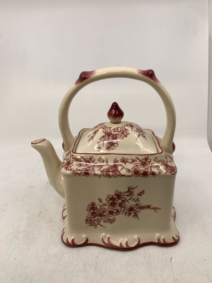 IVORY & FLORAL SQUARE TEAPOT.