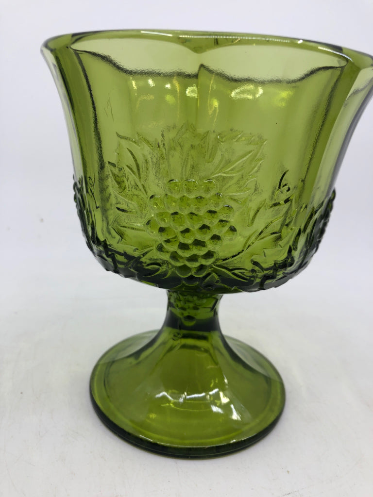 VTG GRAPE EMBOSSED GREEN GLASS FOOTED CANDY DISH.