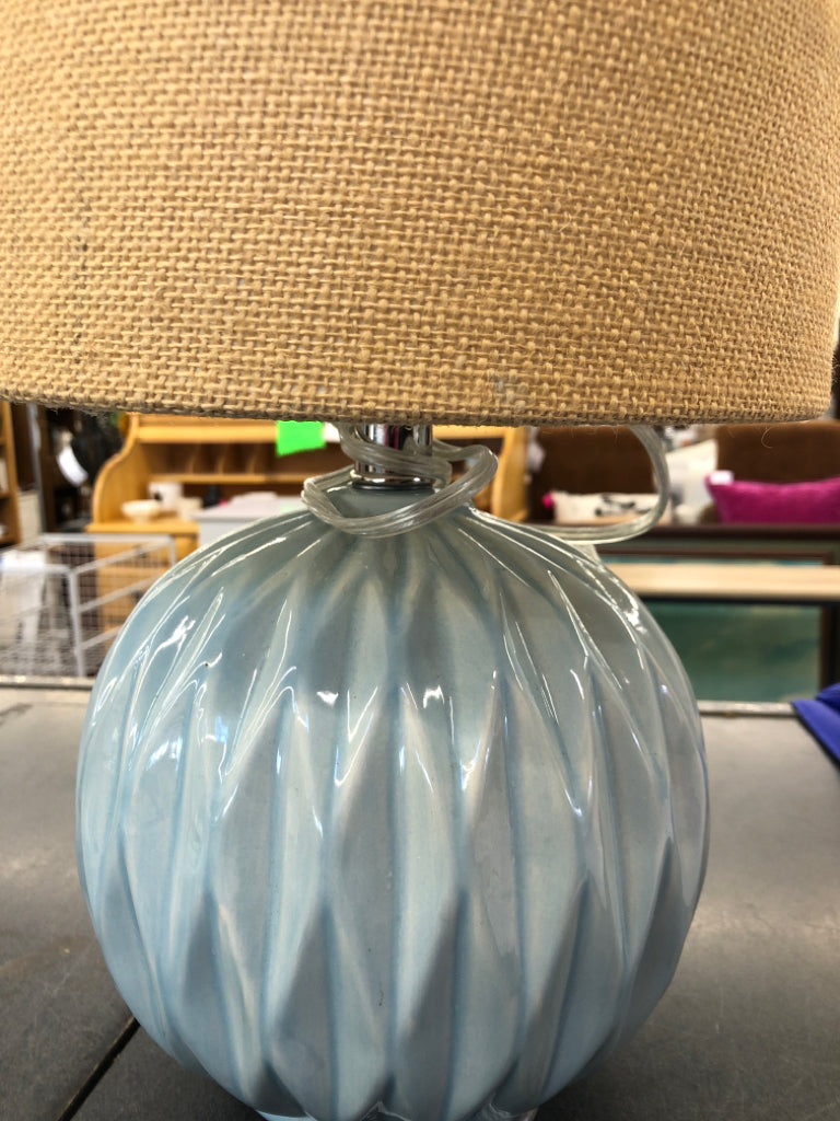 ROUND TEAL LAMP W TAN SHADE.