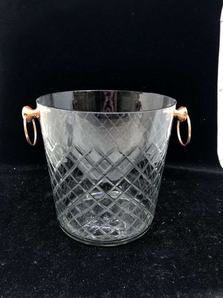 GLASS ICE BUCKET GOLD BRONZE ACCENTS.