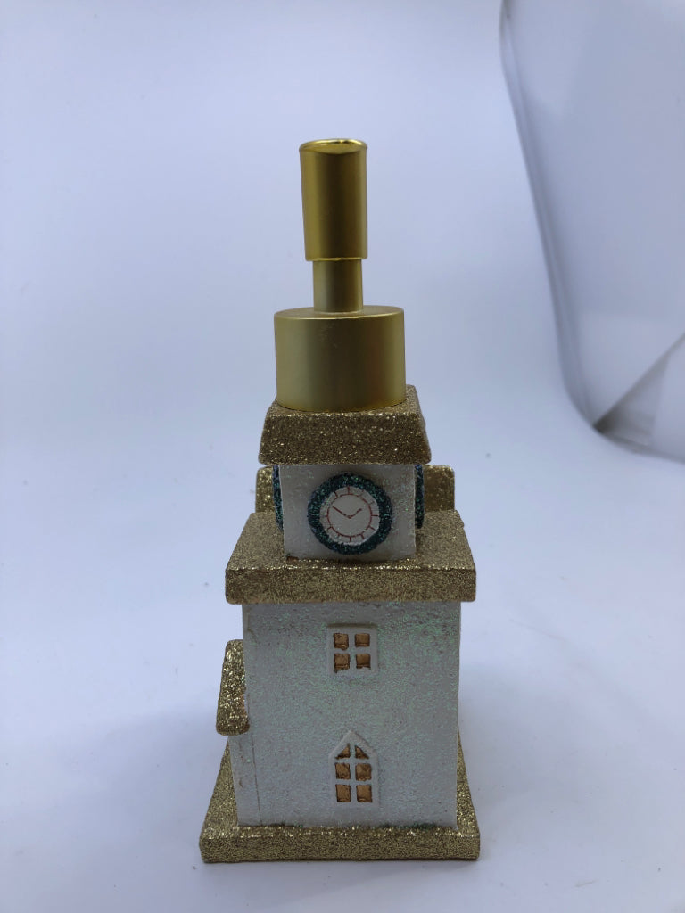 GOLD AND WHITE GLITTER COTTAGE SOAP DISPENSER.