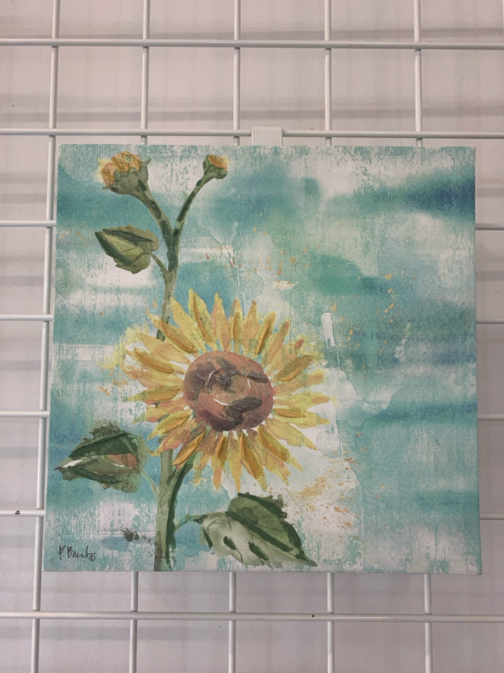 SUNFLOWER W BUDS TEAL BACKGROUND CANVAS WALL ART.