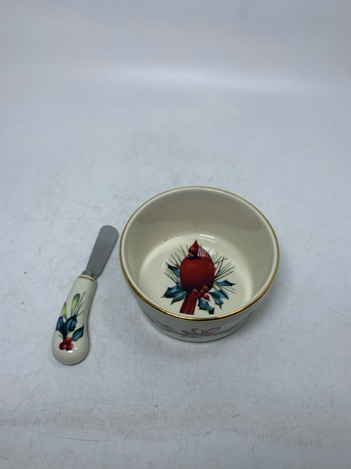 2 PC LENOX IVORY WINTER GREETING BOWL W/ SPREADER.