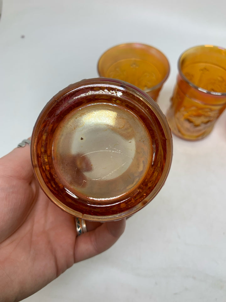 4 VTG CARNIVAL GLASS MARIGOLD EMBOSSED CHERRIES JUICE TUMBLERS.