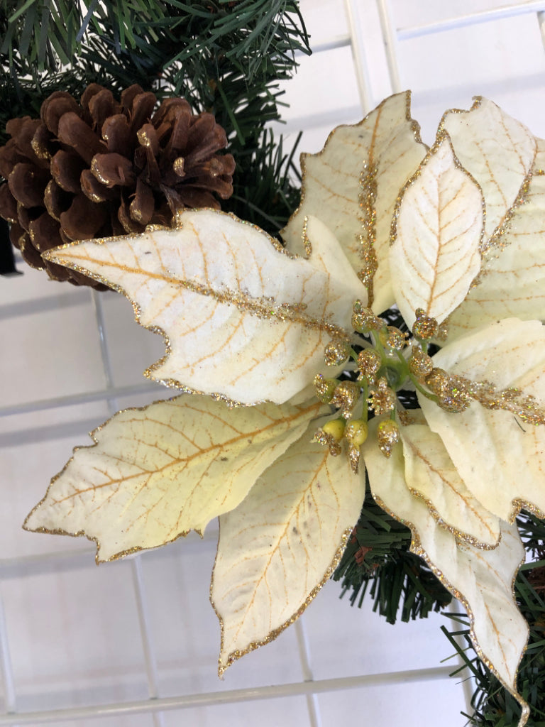 WREATH W/ WHITE/GOLD POINSETTIA/PINECONE.