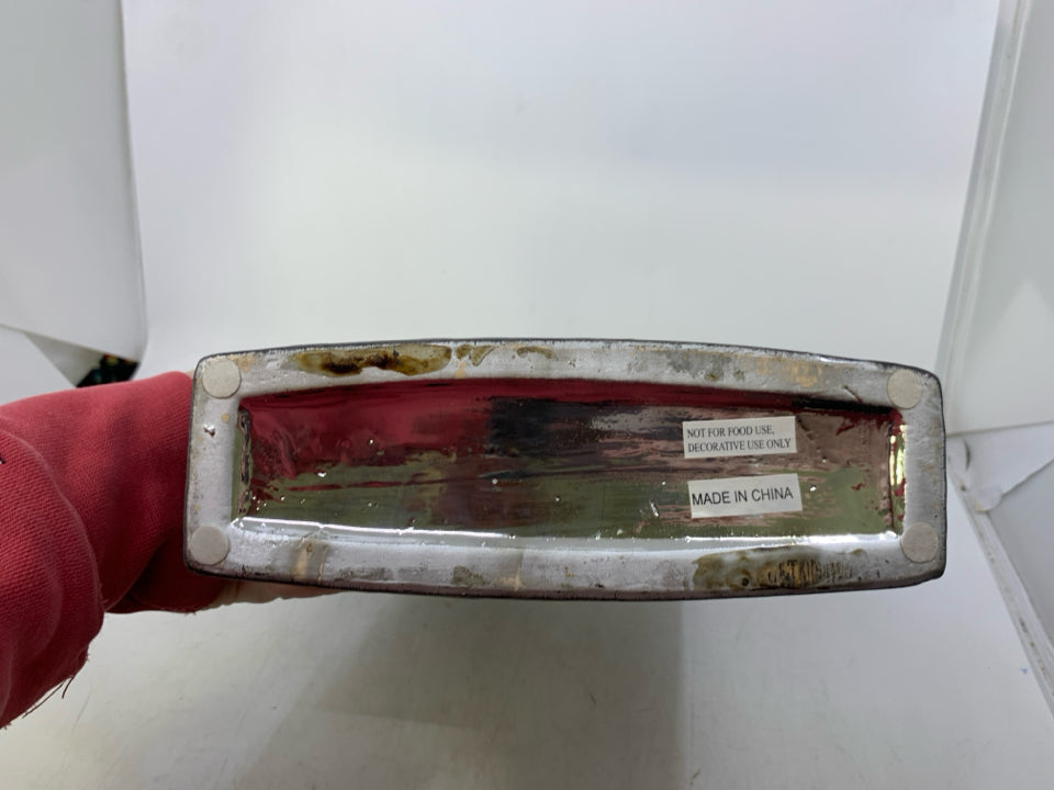 MATTE GREY CERAMIC VASE W/ SILVER SWIRLS OFF CENTERED NECK.