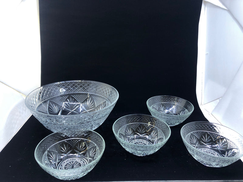 5 PC CUT GLASS SALAD BOWL SET - 4 BOWLS, SERVING BOWL