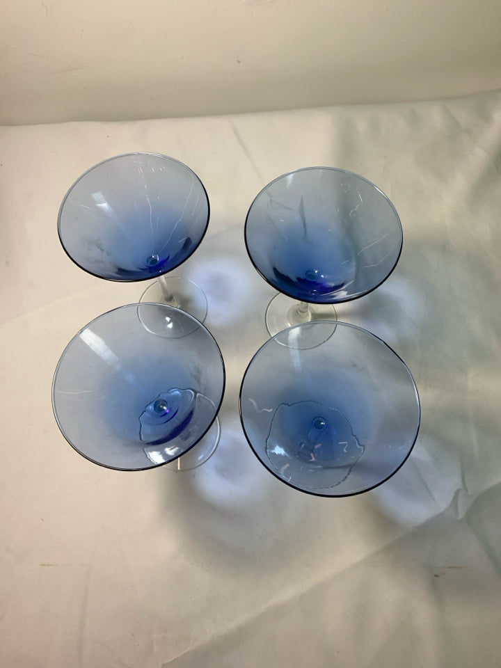4 BLUE/CLEAR GLASS MARTINI GLASSES.
