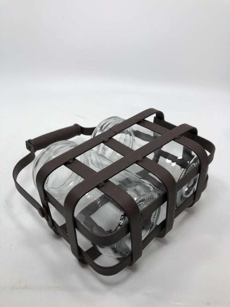 PRIMITIVE CAST IRON BASKET W/TWO MASON JARS DECOR.