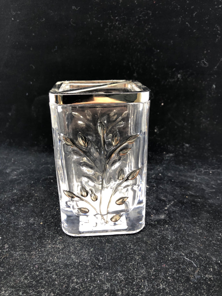 THICK GLASS SQUARE TOOTH BRUSH HOLDER W/ EMBOSSED BRANCHES+LEAVES.