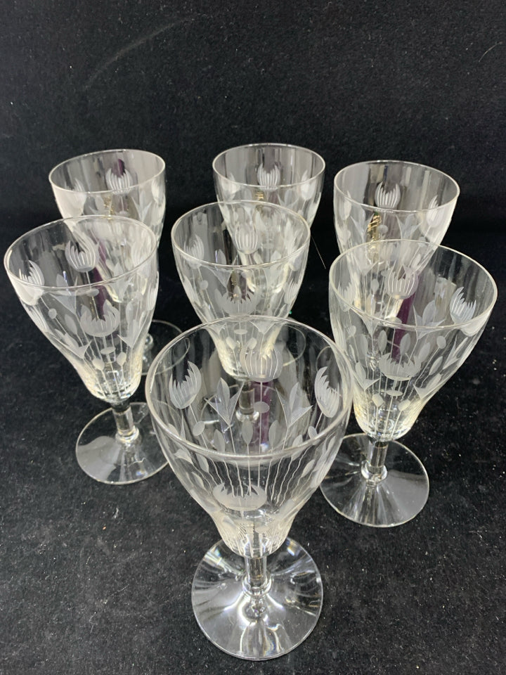 7 ETCHED TULIP WINE GLASSES.