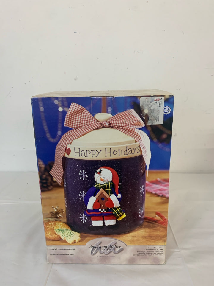 NIB HAPPY HOLIDAY SNOWMAN COOKIE JAR.