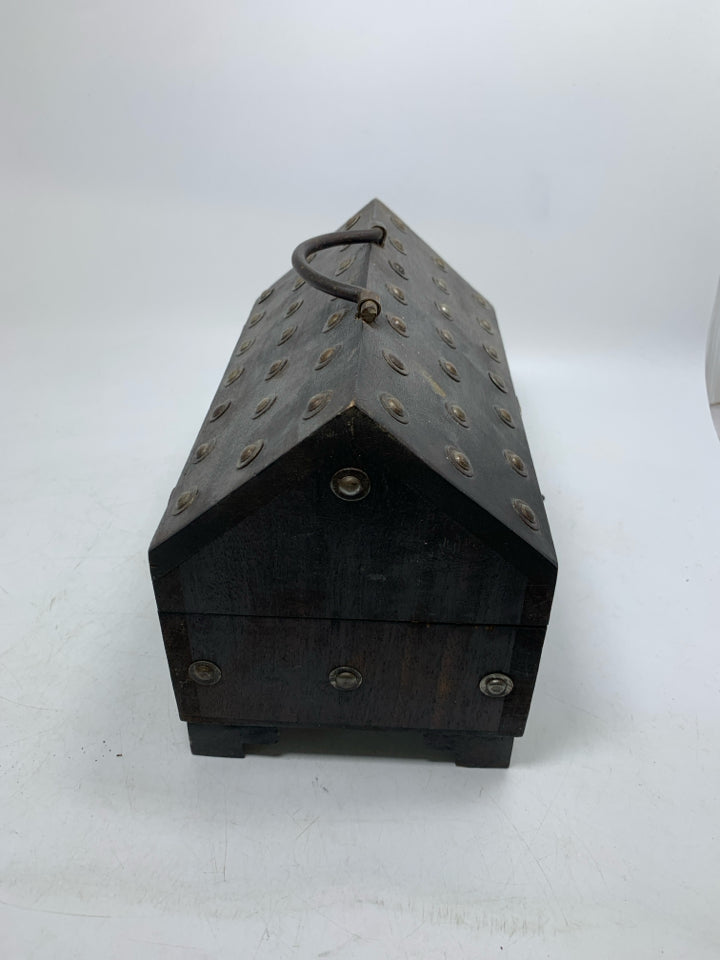 FOOTED DARK STUDDED BOX/CHEST W/ LATCH & HANDLE.