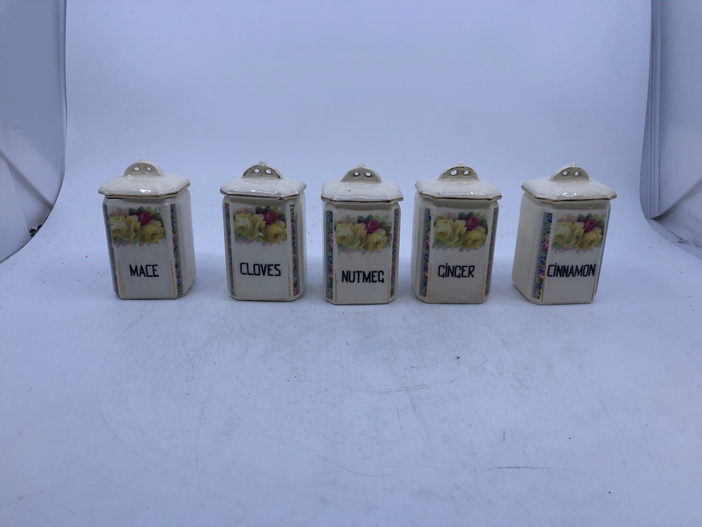 VTG 5 CZECH CERAMIC CREAM COLORED HERB CANISTERS W/LID MACE, NUTMEG, CLOVES, CIN