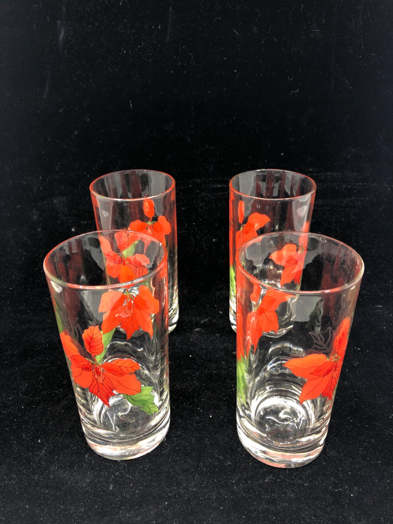 4 RED FLORAL POINSETTIA WATER GLASSES.