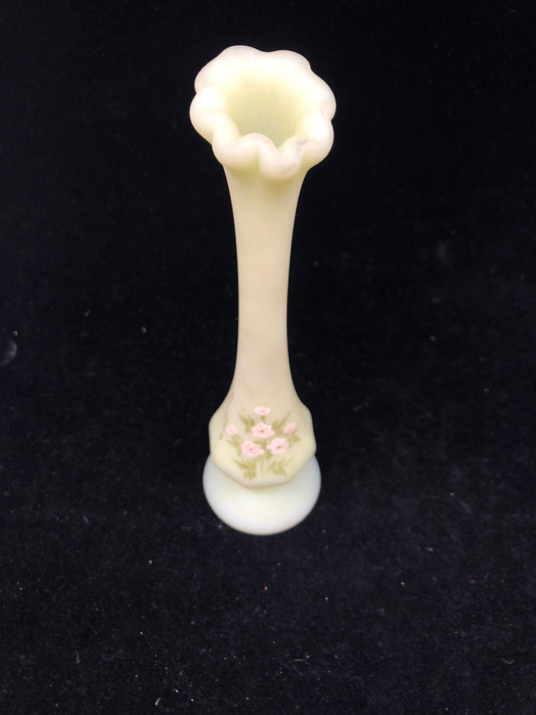 VTG URANIUM GLASS FOOTED VASE W/ PAINTED PINK FLOWERS.