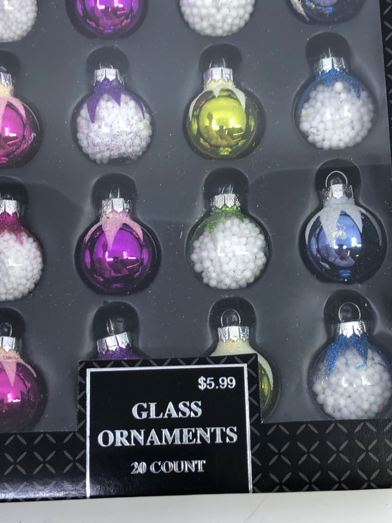 20 NIB GLASS SMALL ORNAMENTS.