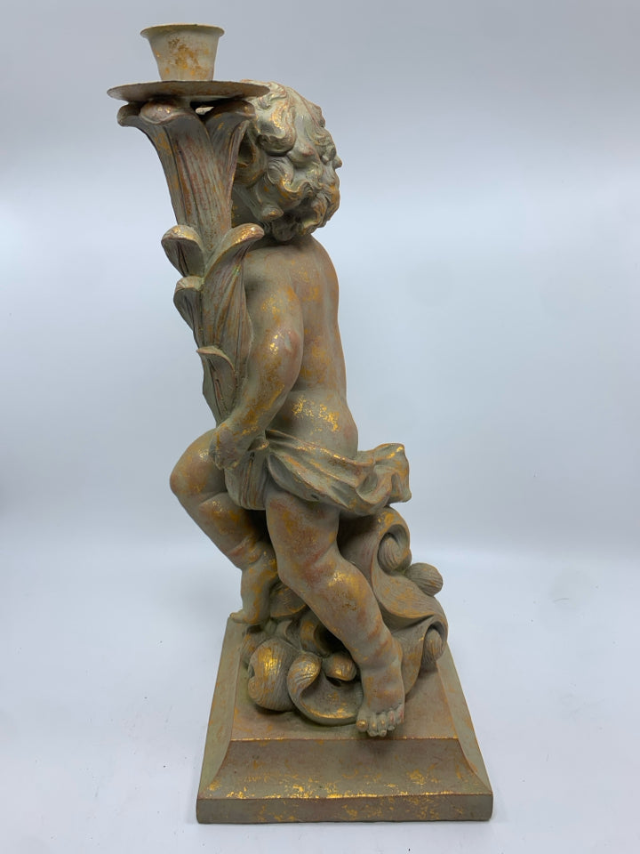HAND-PAINTED DECOLINE CHERUB CANDLESTICK HOLDER.