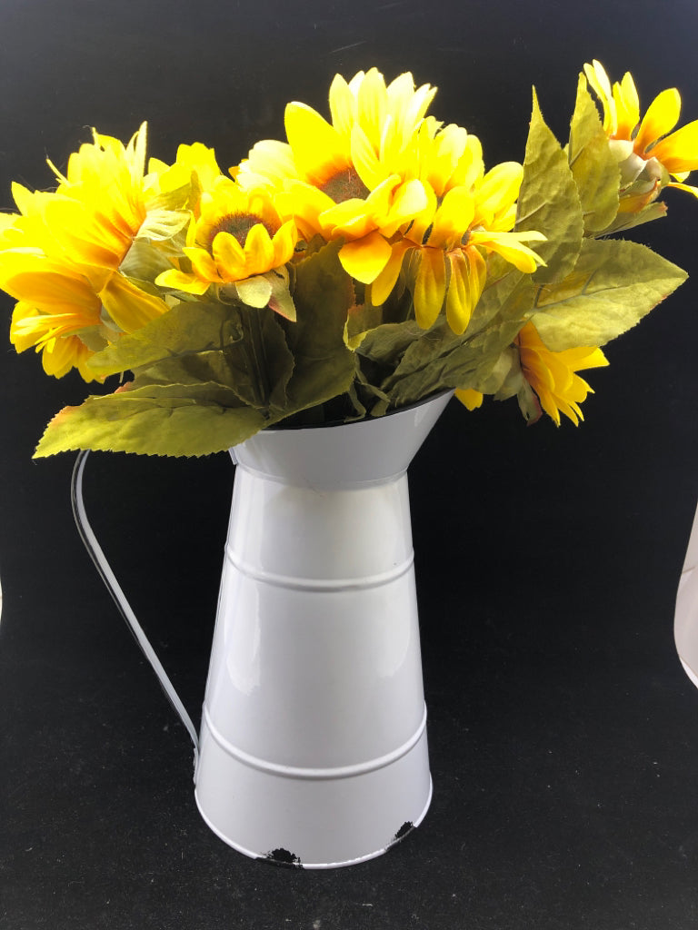 FAUX SUNFLOWERS IN WHITE METAL PITCHER.