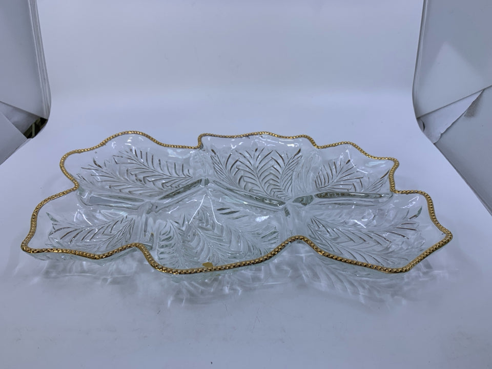 LARGE GLASS MULTI DIVIDED SERVER W/ BEADED GOLD EDGE.
