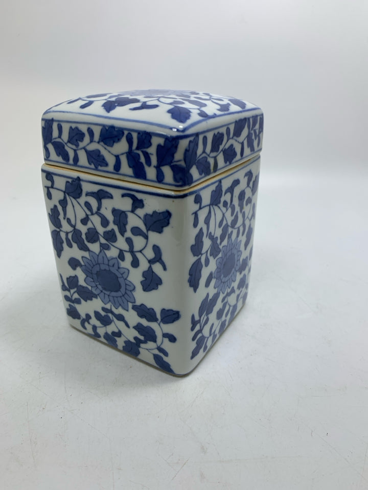 CERAMIC SQUARE CANISTER W/ BLUE FLORAL.