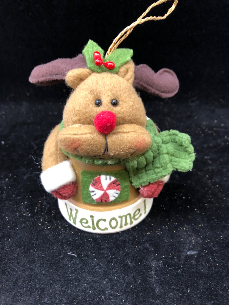 MOOSE CHRISTMAS BELL ORNAMENT W/PEPPERMINT SHIRT.