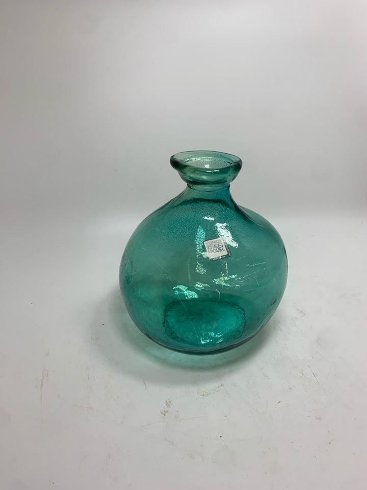 TEAL BLOWN GLASS ROUND VASE.