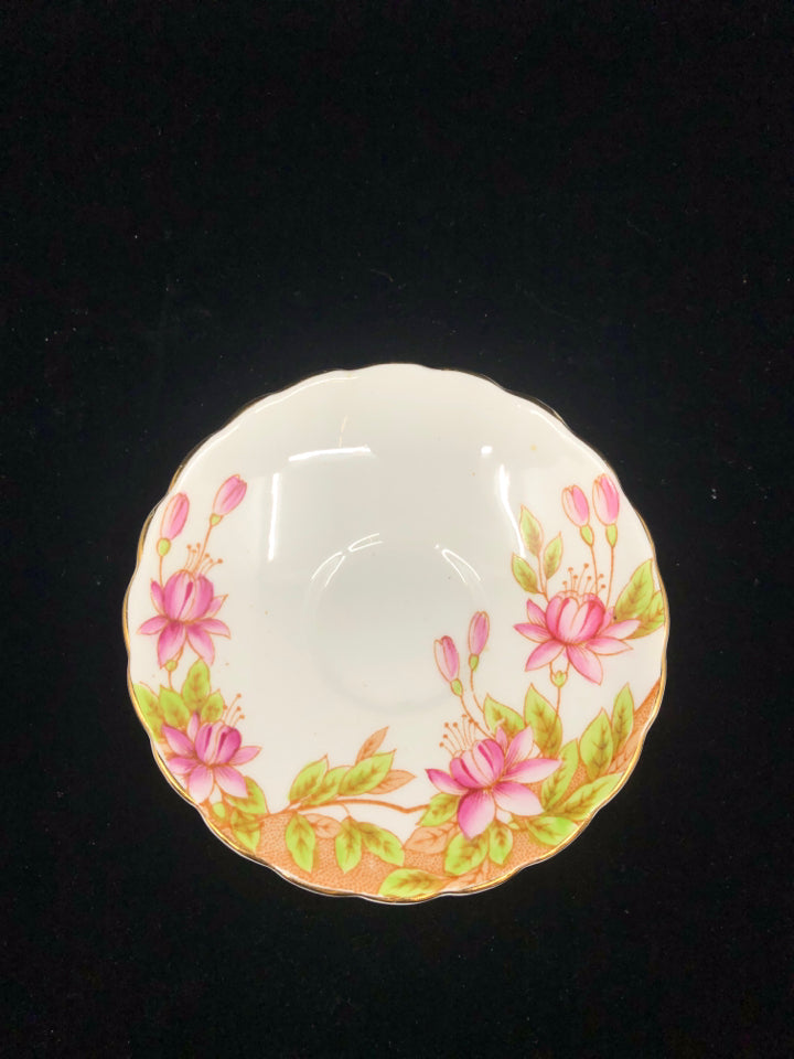 VTG TEA CUP/SAUCER PINK FLOWERS GREEN LEAVES.