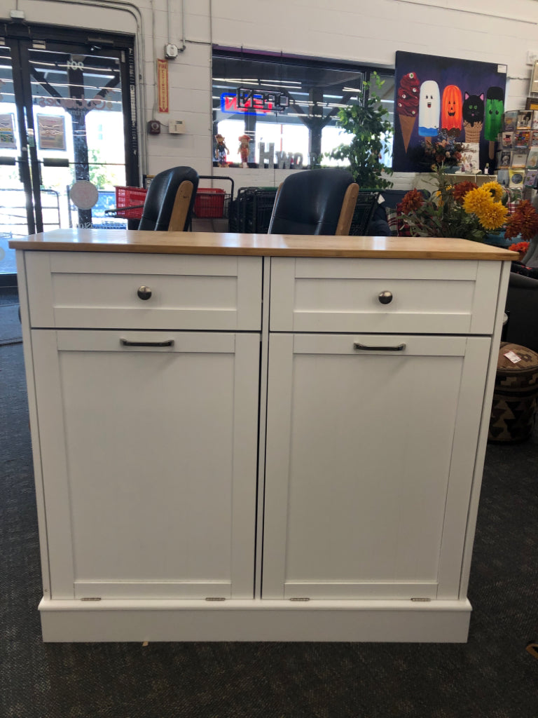 WHITE HIDDEN TRASH CABINET W WOOD TOP & 2 DRAWERS.