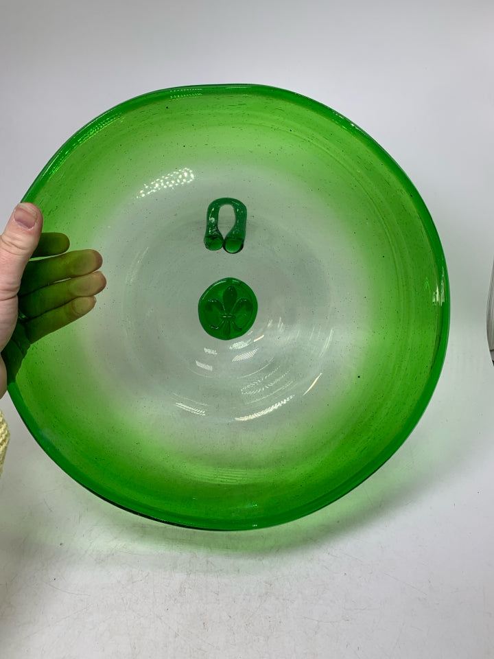 HEAVY BLOWN GLASS WALL HANGING BOWL W/ FLEUR-DE-LIS SYMBOL IN CENTER.