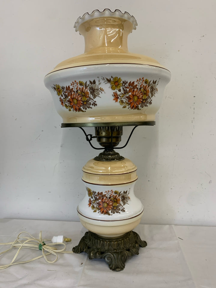 VTG ORANGE IRIDESCENT FLORAL HURRICANE PARLOR LAMP.