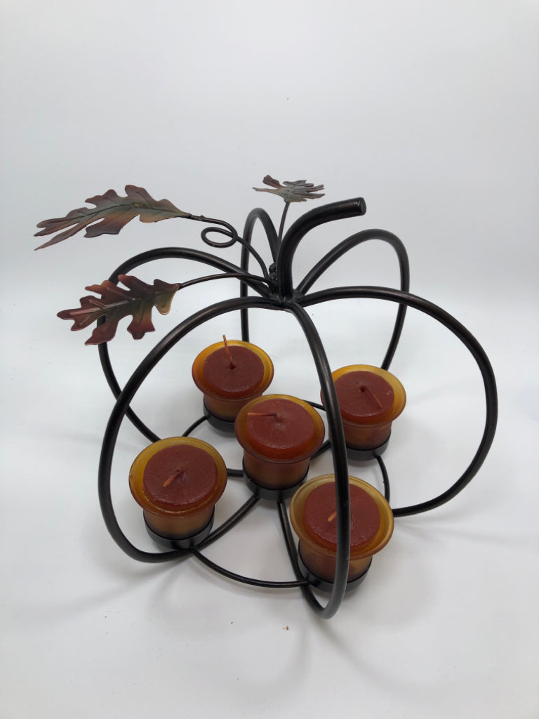 PUMPKIN CAGE CANDLE HOLDER W/CANDLES.